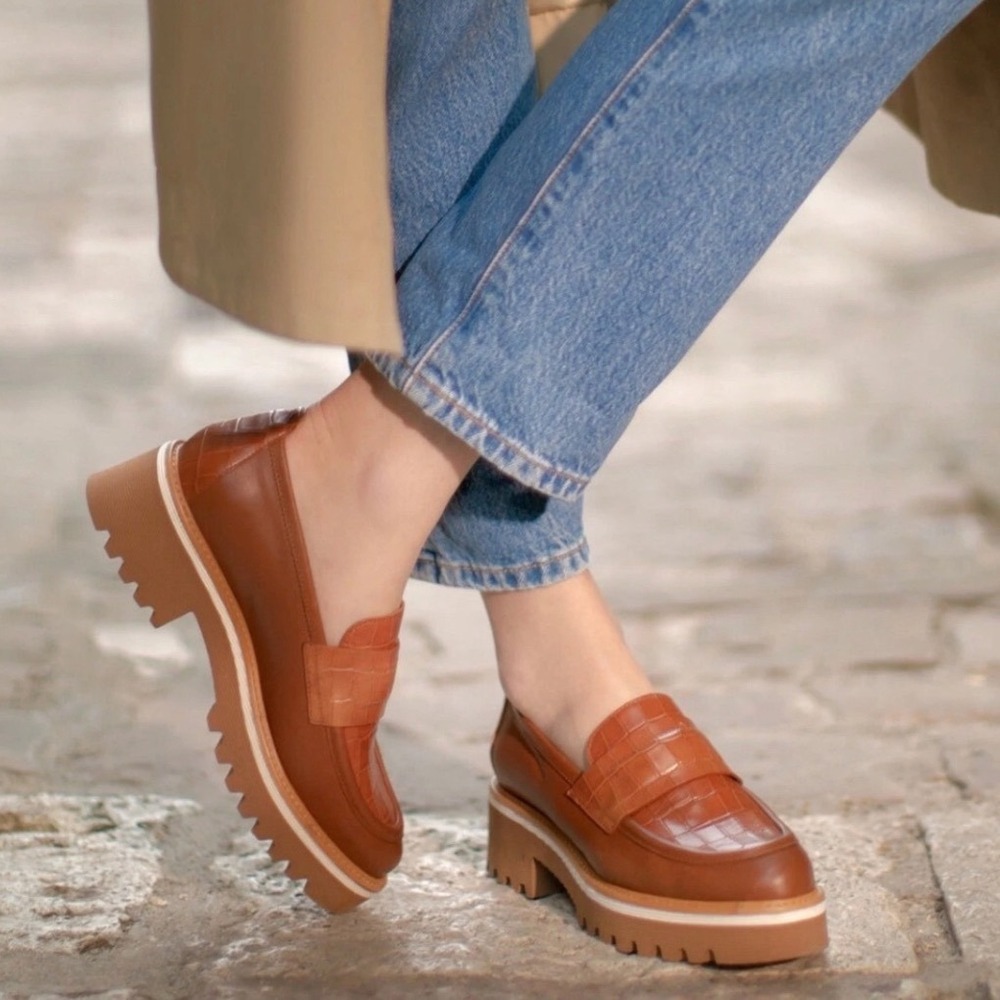 M. Gemi Croc-Embossed Chestnut Leather Platform Loafers